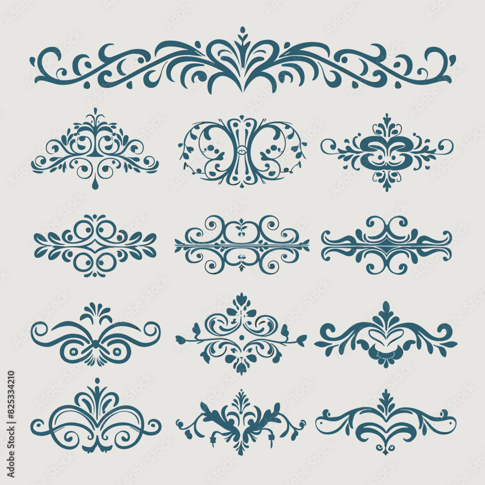 Azure color elegant intricate design ornate elements decorative, swirls, frames, dividers, borders