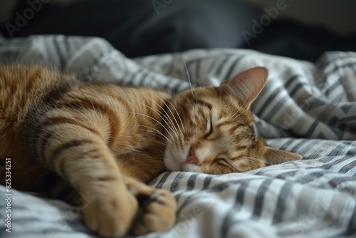 Peaceful tabby cat sleeps on a cozy bed with striped sheets in natural light © anatolir