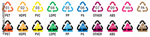 Set of recycling plastics mark icon. Ecological recycling codes. Zero waste. Vector illustration.