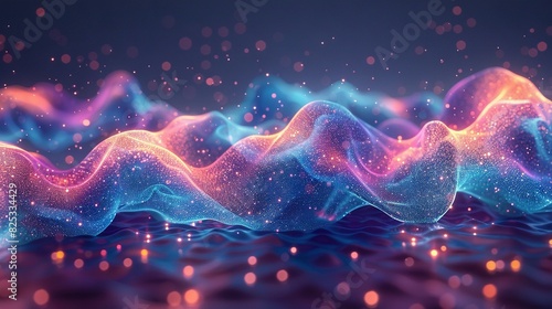  A digital illustration of a blue, pink, orange wave with starry sky above photo