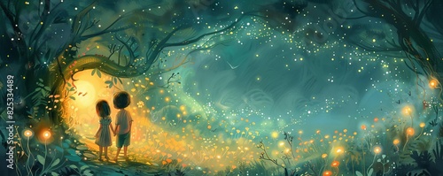 A whimsical story of children discovering a portal to another world, fairytale, illustration, soft pastels