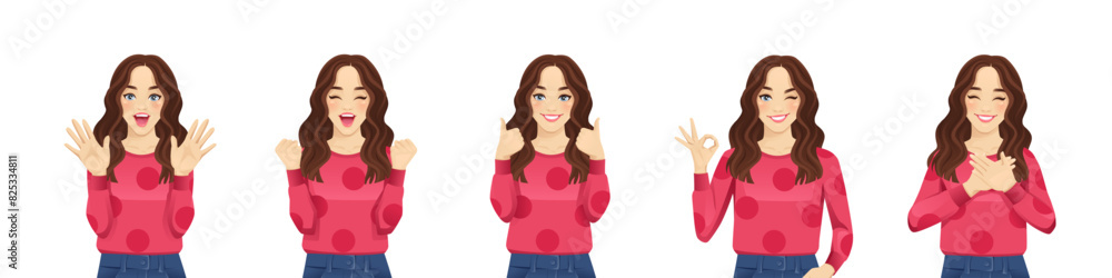 Young beautiful woman with curly hair with positive emotions and different gestures. Isolated vector illustration set Young beautiful woman with curly hair with positive emotions and different gestures. Isolated vector illustration set