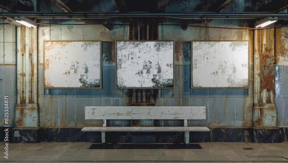 three empty blank posters on the wall of an industrial subway station, bench in front, photorealistic, cinematic. three empty blank posters on the wall of an industrial subway station, bench in front, photorealistic, cinematic.
