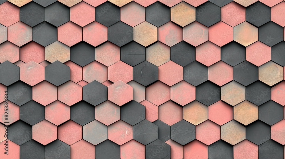 A wall composed of hexagonal tiles in various shades of pink, gray, and black, featuring a hexagonal tile pattern centrally A wall composed of hexagonal tiles in various shades of pink, gray, and black, featuring a hexagonal tile pattern centrally