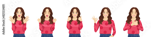 Young beautiful woman with curly hair with positive emotions and different gestures. Isolated vector illustration set