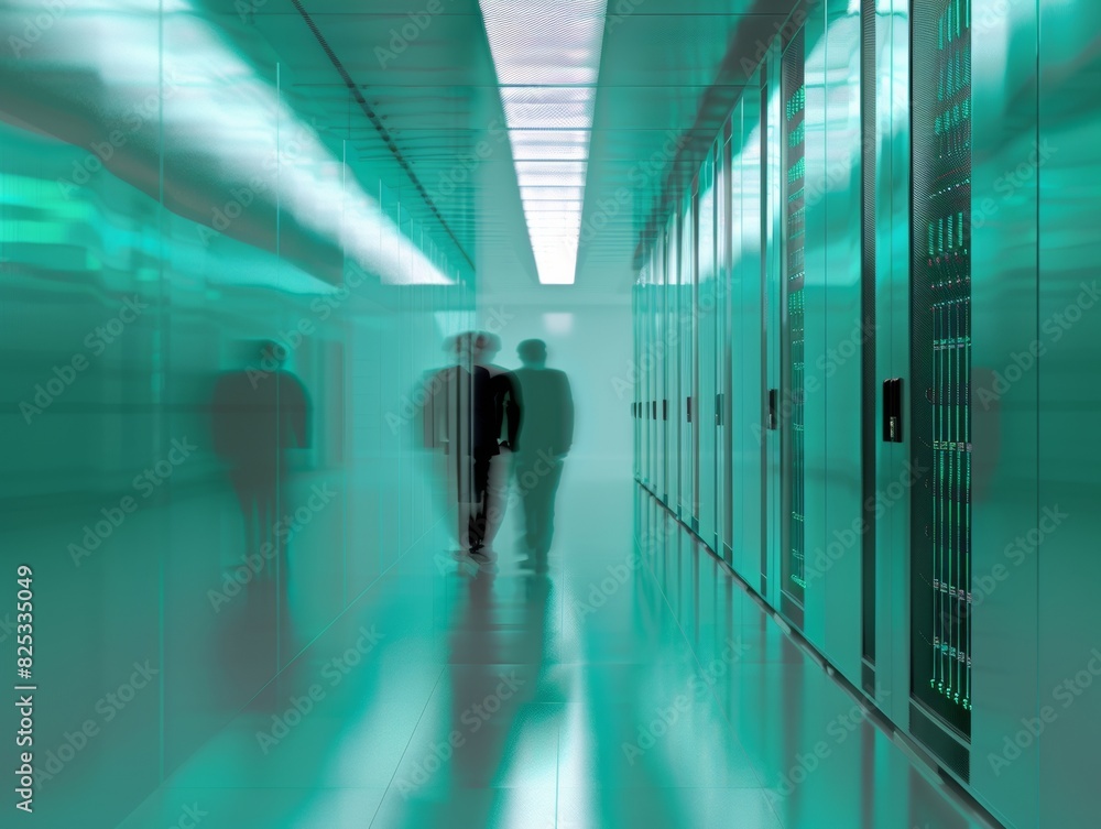 Abstract Blurred Vision of Technology Workers in Symmetrical Green Data Center Using Long Exposure and Wide-Angle Techniques