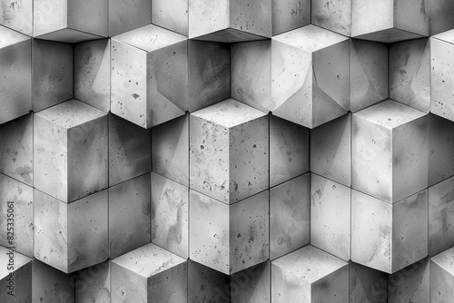 Isometric cylindrical forms in a repeating diamond pattern with shades of gray and white, photo