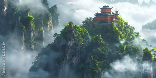 A tall building stands atop a vibrant green hillside creating a striking contrast between urban architecture and natural landscape A Chinese pagoda in a misty mountain © anas