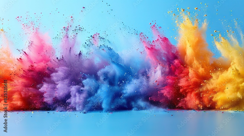   A blue sky fills the backdrop as a cloud of colored powders swirls through the air