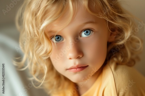 Closeup portrait of a young child with beautiful blue eyes and curly blonde hair