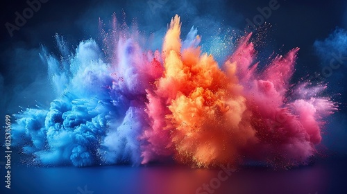  A rainbow-colored powder bursts from the top of a blue and pink object against a blue background