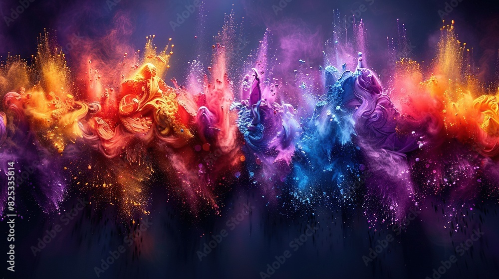   A rainbow-shaped group of colorful objects on a dark background with smoke and water streams