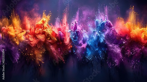  A rainbow-shaped group of colorful objects on a dark background with smoke and water streams