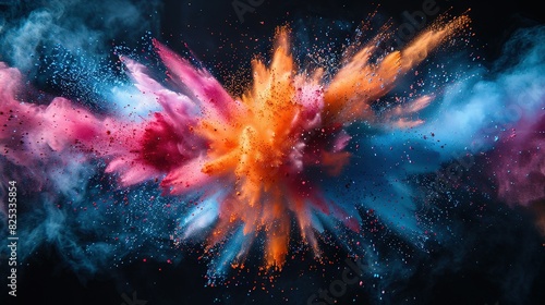  A vivid blast of colored powders soaring against a dark backdrop and a clear blue sky as a backdrop