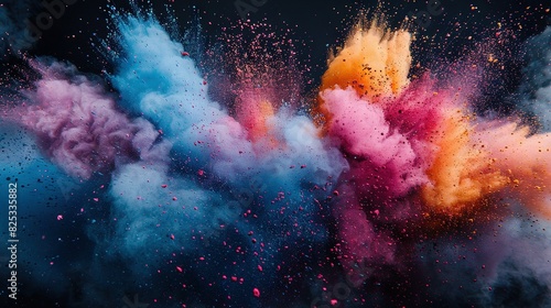   A group of colorful powders fly in the air against a black backdrop, with a dark sky visible behind photo