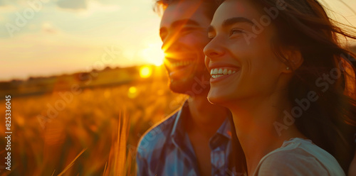Joyful couple grins, gazing at the summer sunset in a field.