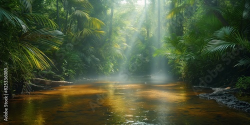 Sun rays breaking through the trees lining a serene, mirror-like river in a lush jungle setting