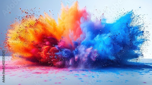   A vibrant burst of colored powders against a blue-and-white backdrop  set amidst a blue sky