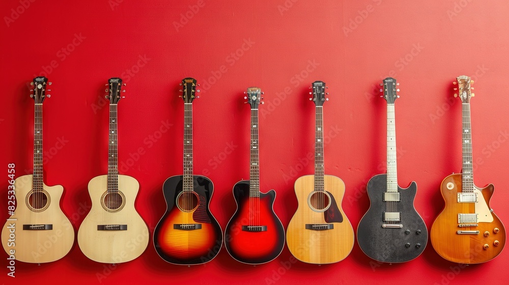 Naklejka premium A row of diverse-colored guitars aligned against a reddish backdrop