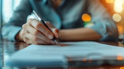 Closeup of a person writing notes, rare view from over the shoulder, detailed hand and paper, soft lighting, high resolution, serious task, stock photo