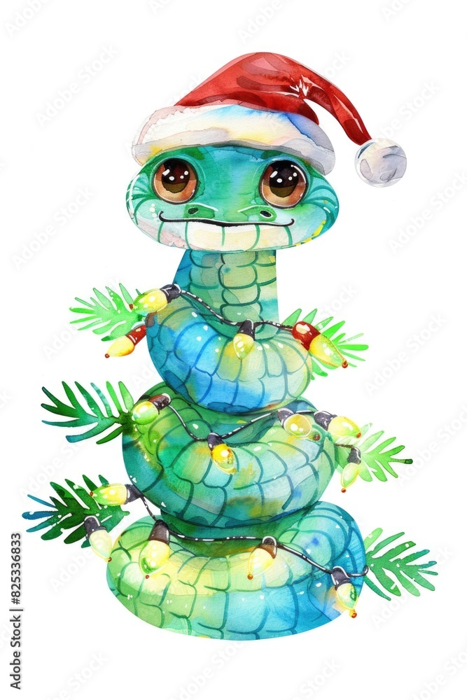 Christmas Snake Wrapped in Festive Garland with Santa Hat Illustration Christmas Snake Wrapped in Festive Garland with Santa Hat Illustration