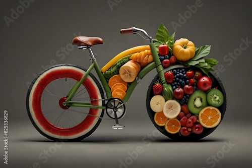 Cycle while carrying veggies. Idea: To be healthy, eat well and get exercise.Against a blue wall with a hardwood floor, a blue bicycle with a fruit basket on the back of its front wheel, a bicycle wit