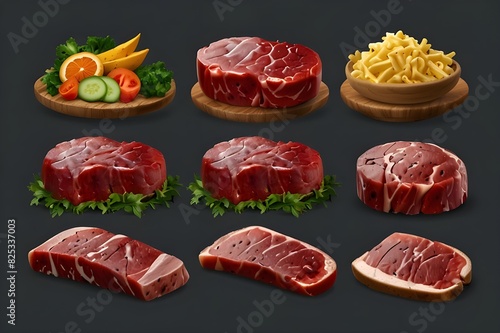 Roast beef slices on a newly painted red table, processed roast beef, and so forth. There is also white space for text, greetings, wall art, posters, and ads.