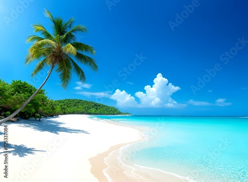A scene of an island with a beautiful summer and a beautiful blue beach screen