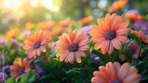   A macro of many blossoms under golden rays  with the focal points being the petals in the front