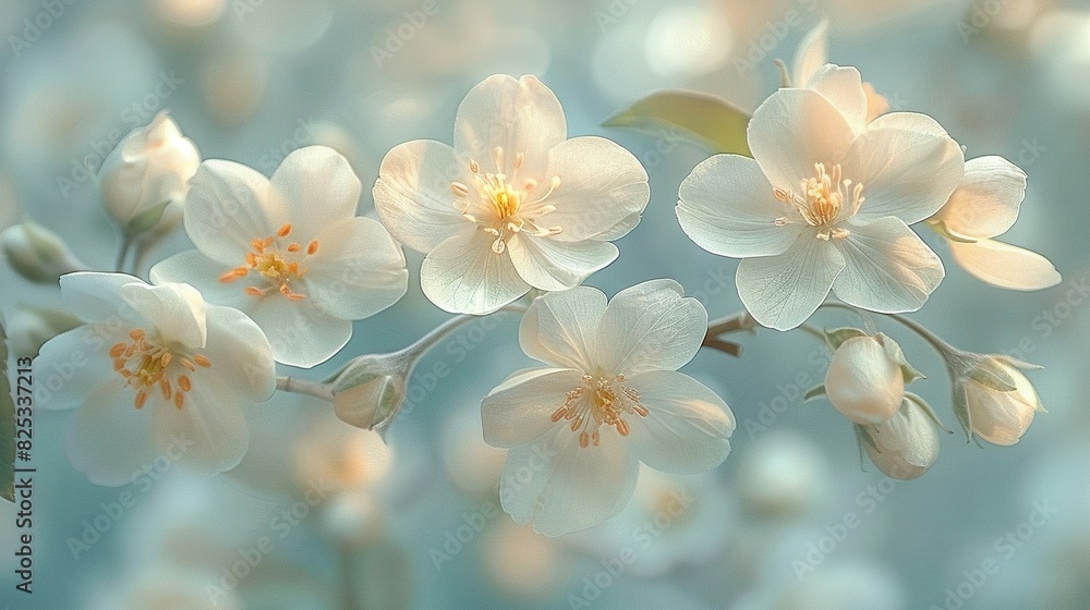 A cluster of white blossoms with emerald foliage dangling from a central tree, set against a hazy backdrop of azure heavens A cluster of white blossoms with emerald foliage dangling from a central tree, set against a hazy backdrop of azure heavens