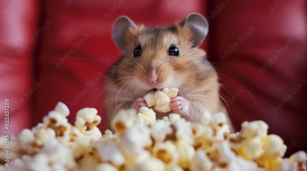 Hamster in cinema enjoying popcorn. Hamster in cinema enjoying popcorn.