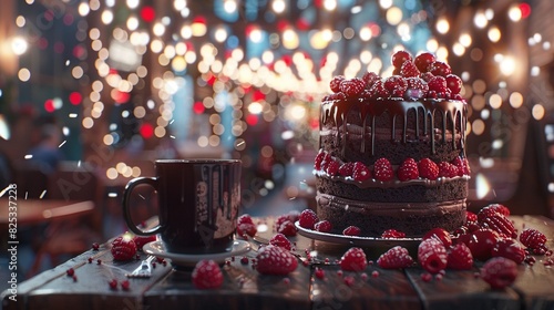   Chocolate cake with raspberries on a table near a cup of coffee and strung lights photo