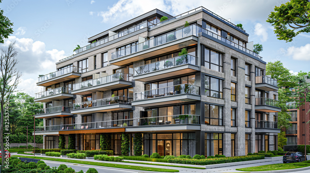 Obraz premium Contemporary Suburban Luxury: Elegant Residential Architecture in a Wealthy Urban Area with Curved Design Elements and Large Windows Wallpaper Digital Art Poster Brainstorming Map Magazine Background 