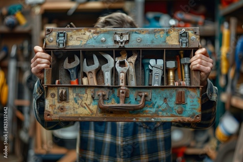 Closeup of a person with an open toolbox, scratching head, detailed tools, garage setting, high resolution, mechanical confusion, stock photo photo