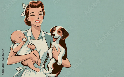 Paper textured vintage style illustration of cheerful mother with apron holding dog and baby and standing isolated on blue background. Happy housewife of the 1950s concept. Copy space for text.
 photo