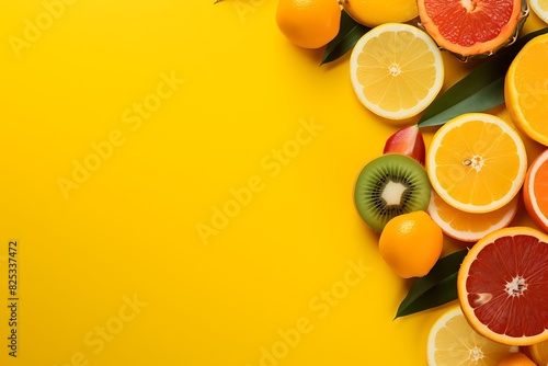 Top view of juicy oranges, lemons, limes and grapefruits on yellow background with copy space
