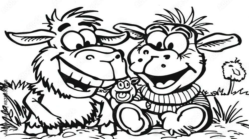 Two sheep sitting in a black and white grassy field, looking directly at the camera Two sheep sitting in a black and white grassy field, looking directly at the camera