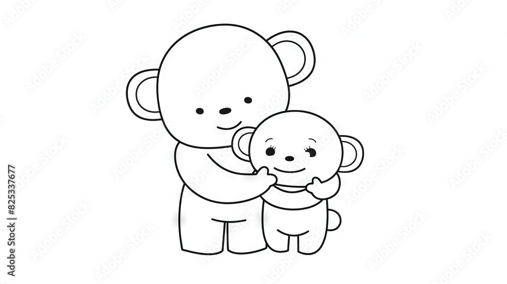 A monochrome illustration depicts a baby monkey embracing another baby monkey with its arms around its head A monochrome illustration depicts a baby monkey embracing another baby monkey with its arms around its head