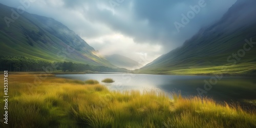Early morning mist rises from a calm lake nestled between green mountain slopes under a soft sky