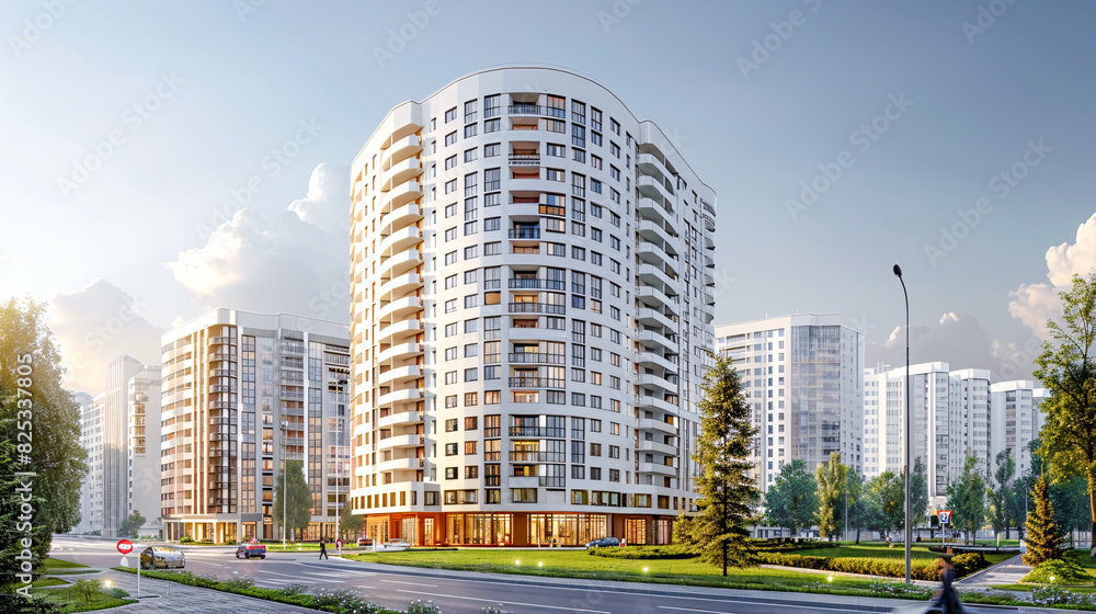 Obraz premium Contemporary Suburban Luxury: Elegant Residential Architecture in a Wealthy Urban Area with Curved Design Elements and Large Windows Wallpaper Digital Art Poster Brainstorming Map Magazine Background