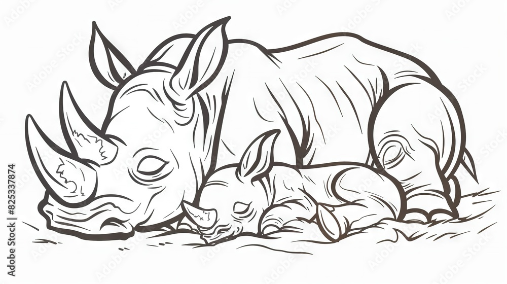 A monochrome depiction of a rhino and its calf resting on the ground A monochrome depiction of a rhino and its calf resting on the ground