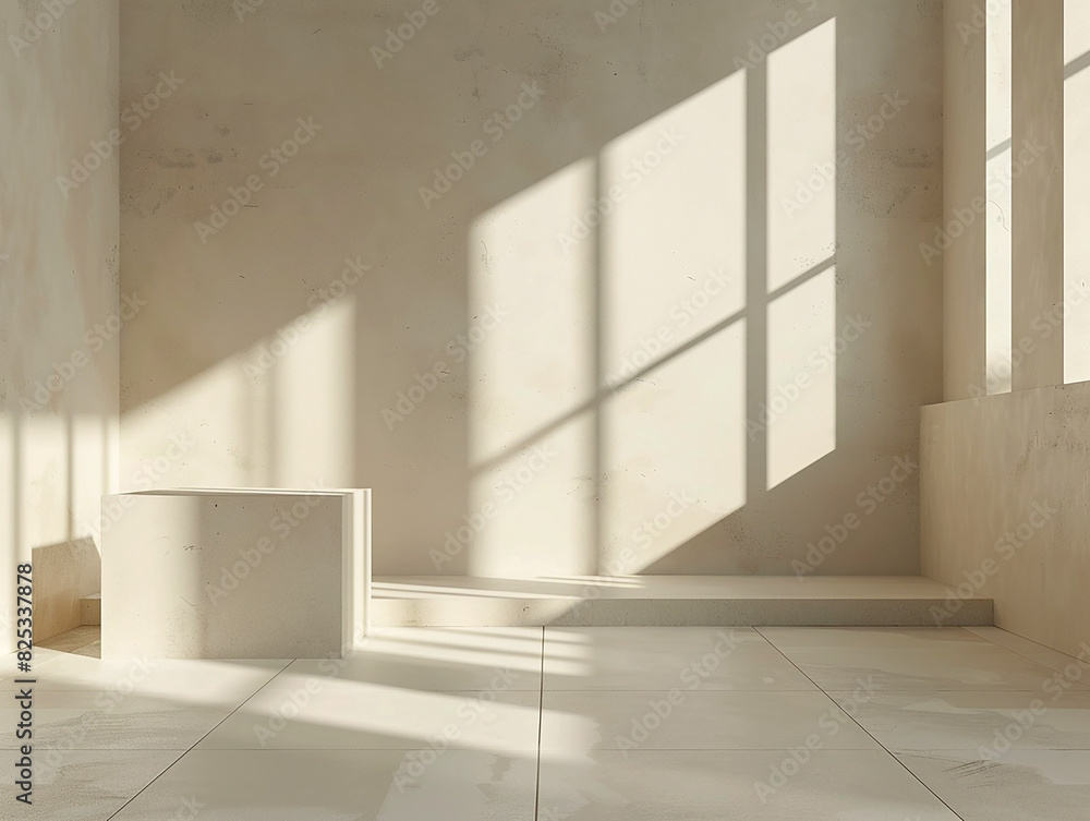 Fototapeta premium Empty room with large windows and white pedestal