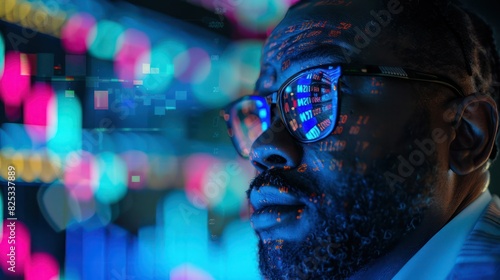 Portrait of Americ Stock Market Trader Doing Analysis of Investment Charts, Graphs, Ticker Numbers Projected on His Face. African American Financial Analyst, Digital Entrepreneur Successfully Trading. photo