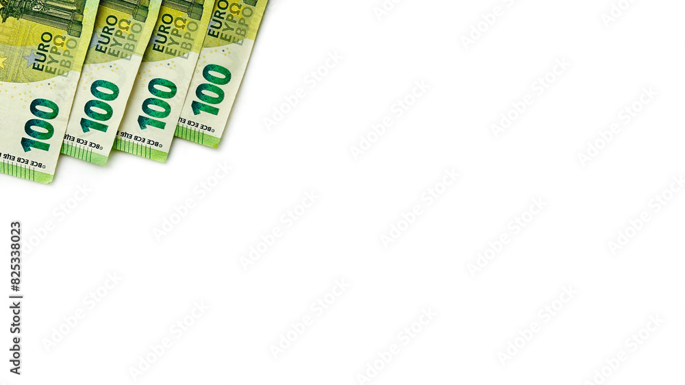 Four 100€ bills. Euro: 400 euro. Europian money. EU money. Isolated on white horizontal background. Four 100€ bills. Euro: 400 euro. Europian money. EU money. Isolated on white horizontal background.