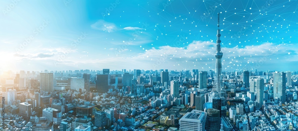 Abstract concept of smart city with digital network connection and data transfer on blue sky background, Tokyo Japan, panoramic view