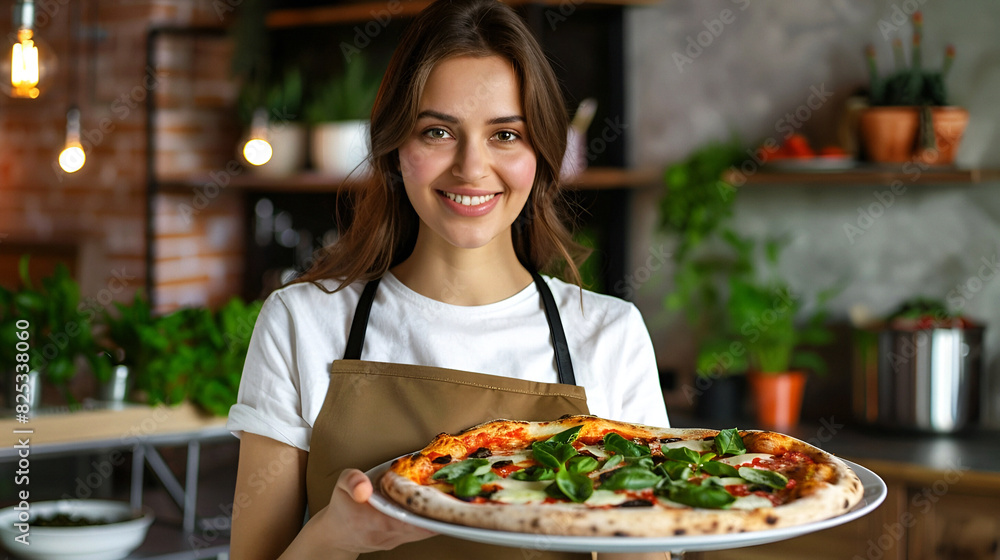 Chef presents fresh pizza in rustic kitchen Chef presents fresh pizza in rustic kitchen