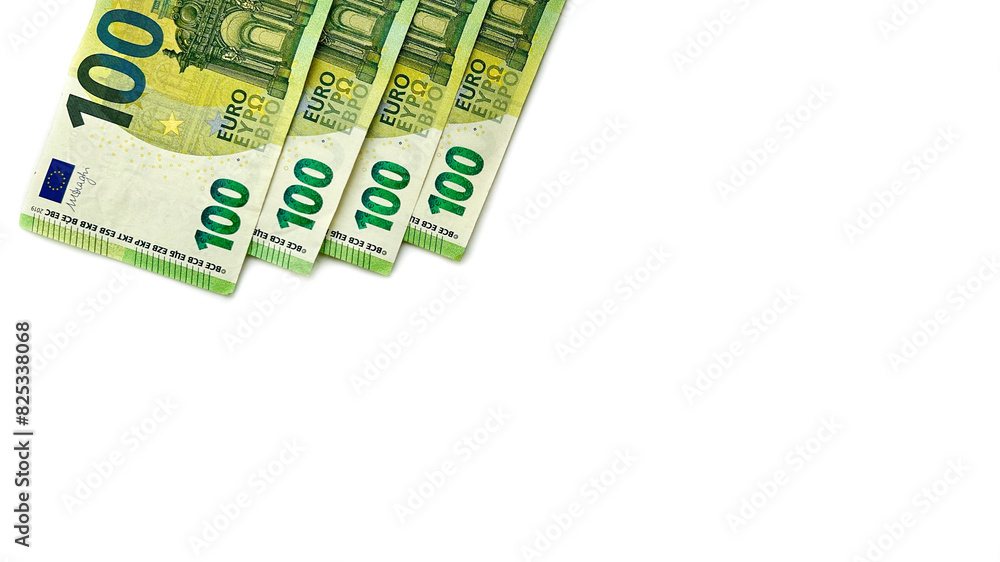 Four 100€ bills. Euro: 400 euro. Europian money. EU money. Isolated on white horizontal background. Four 100€ bills. Euro: 400 euro. Europian money. EU money. Isolated on white horizontal background.