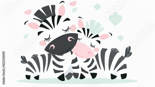   A pair of zebras grazing on a green pasture with heart-shaped objects in the background