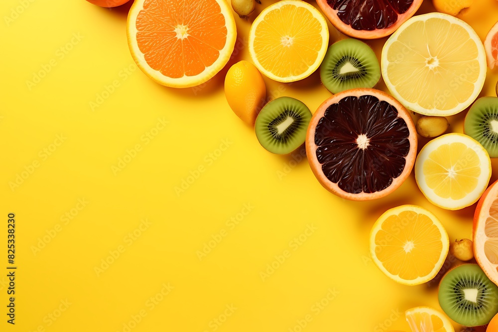 Top view of juicy oranges, lemons, limes and grapefruits on yellow background with copy space Top view of juicy oranges, lemons, limes and grapefruits on yellow background with copy space