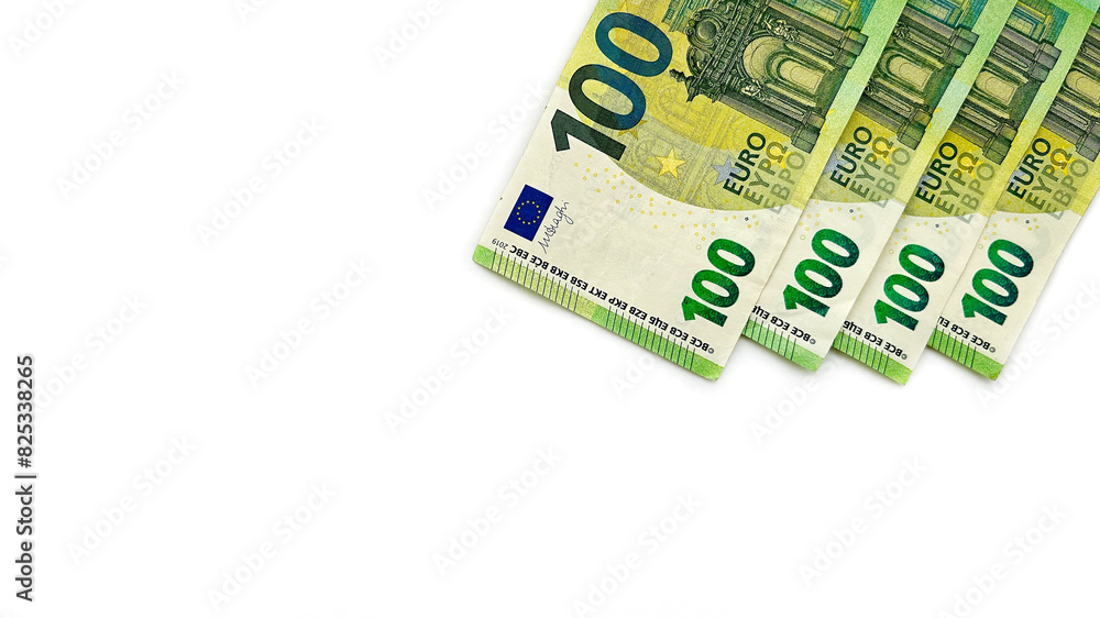 Four 100€ bills. Euro: 400 euro. Europian money. EU money. Isolated on white horizontal background. Four 100€ bills. Euro: 400 euro. Europian money. EU money. Isolated on white horizontal background.